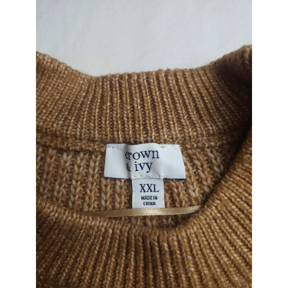 Crown & Ivy Womens XXL Brown Cable Knit Puff Sleeve Crew Neck Sweater Pullover